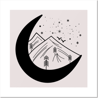 Cresent Moon over the Mountains Posters and Art